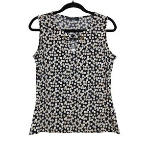 Tommy Hilfiger Sleeveless Top M Black‎ Beige Floral Print Keyhole Blouse